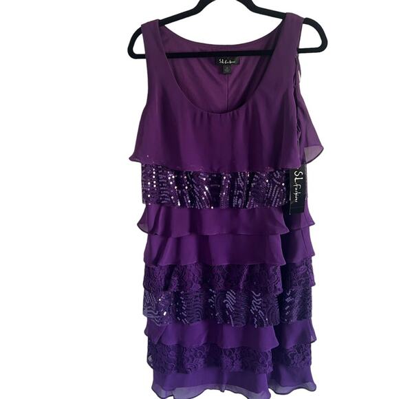 NWT SL Fashions Layered Tiered Ruffle Sequins Dress 14 - Picture 1 of 9